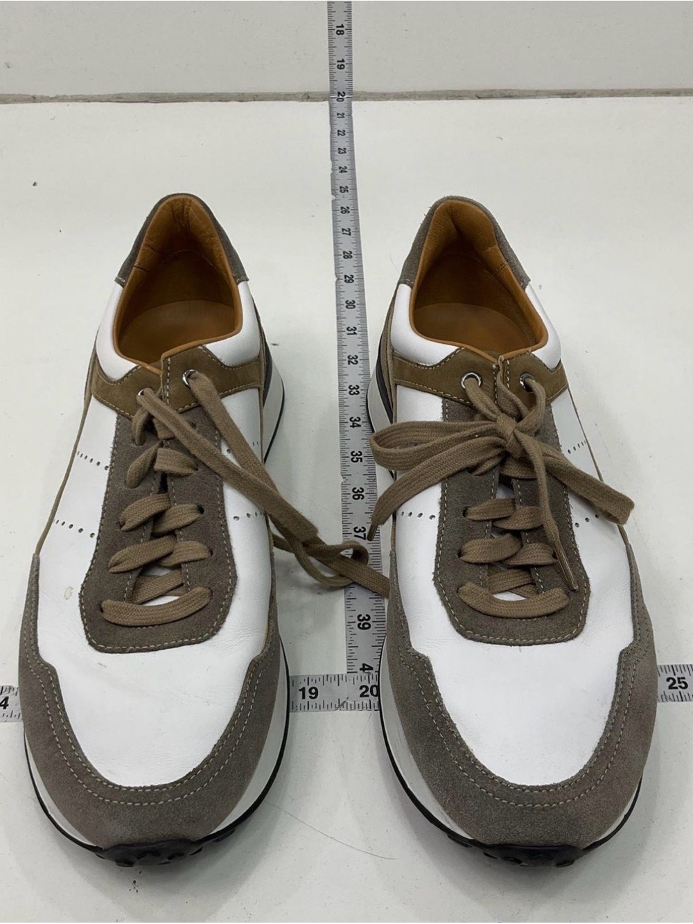 Magnanni White and Taupe Suede-Trim Lace-Up Sneakers